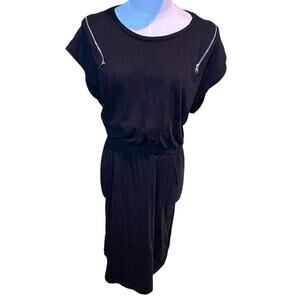 DKNY Black Zip Shoulder T-Shirt Dress XL Stretch Cotton Short Sleeve